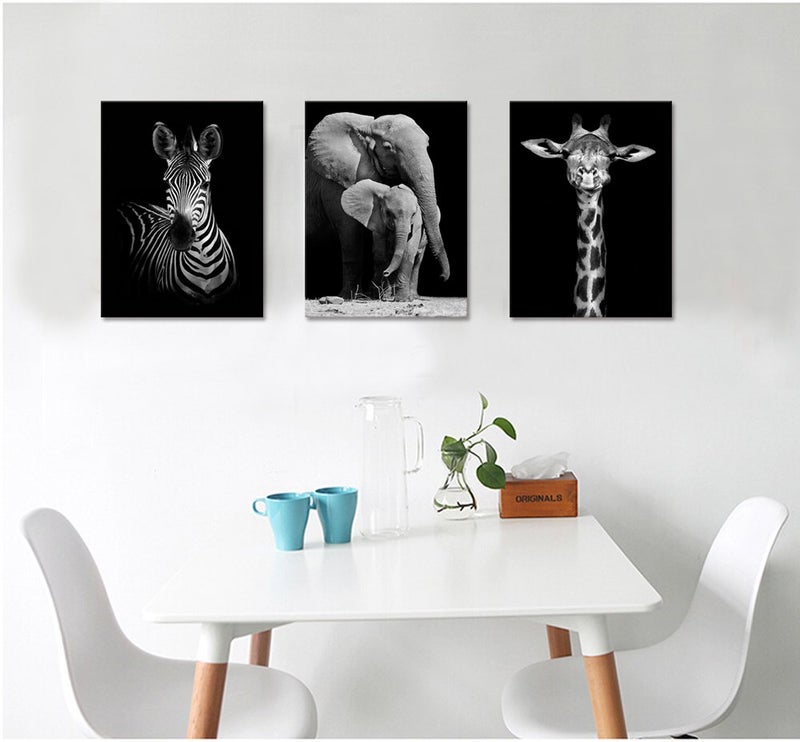 Visual Art Decor Black and White African Wildlife Canvas Wall Art Animal Zebra Giraffe Elephant Portrait Picture Poster Artwork for Home Living Room Bedroom Room Kids Room Office Wall Decoration Ready to Hang - Image 4